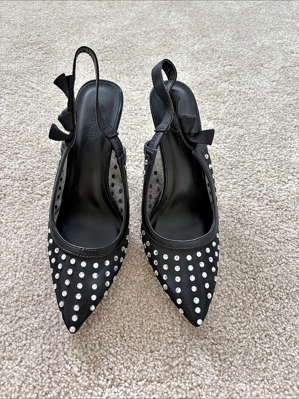 Perphy Rhinestone Mesh Bow Slingback Stiletto Heel Pumps Black & Silver US 8